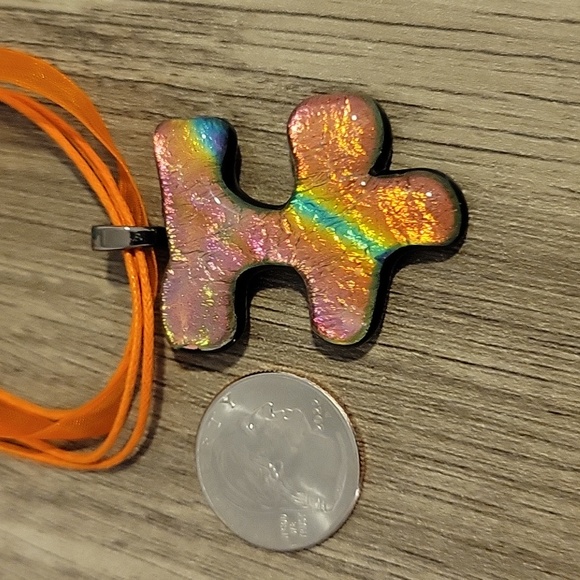 Autism Awareness Orange Multi Fused Glass Handmade Artisan Puzzle Pendant - Picture 6 of 7